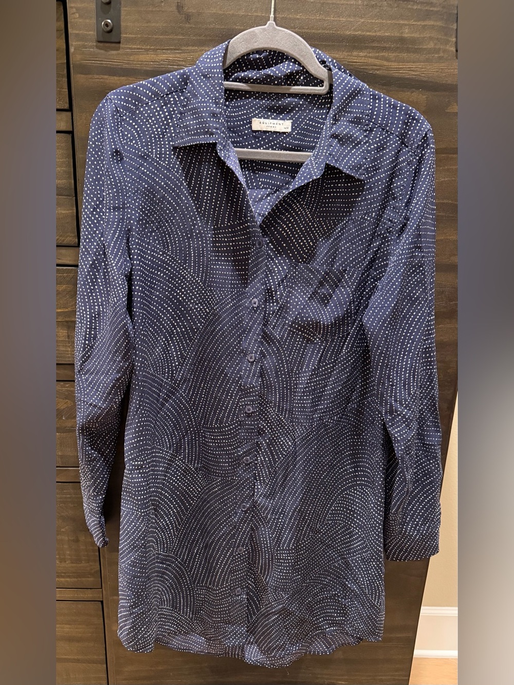 EQUIPMENT FEMME Silk Navy Button-Down Shirt Dress with White Dot Pattern Size M